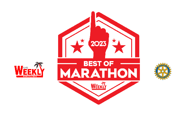 A red badge with the words best of marathon written in it.
