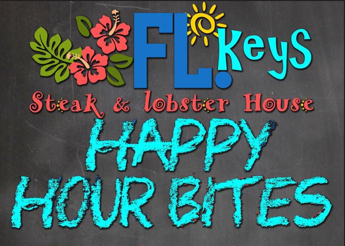 A chalkboard with the words fl keys happy hour bites.