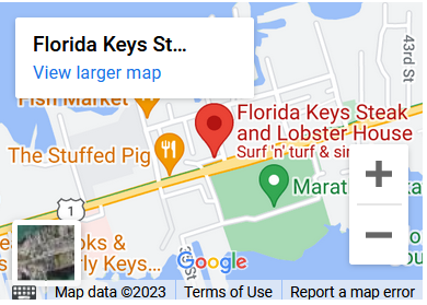 A map of florida keys street with the location of surf n turf and lobster house.
